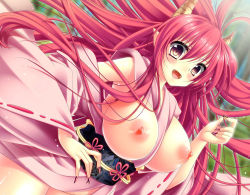 Rule 34 | 1girl, blush, breasts, breasts out, demon horns, fangs, female focus, horns, huge breasts, japanese clothes, long hair, looking at viewer, nail polish, nipples, open mouth, original, pink hair, pointy ears, purple eyes, shiny skin, solo, suzuki nene