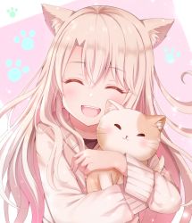 Rule 34 | 1girl, :d, ^ ^, animal, animal ear fluff, animal ears, animal hug, black shirt, blush, brown jacket, cat, cat ears, closed eyes, collarbone, commentary request, facing viewer, fate/kaleid liner prisma illya, fate (series), hair between eyes, highres, illyasviel von einzbern, jacket, kemonomimi mode, light brown hair, long hair, long sleeves, nasii, open mouth, paw print, paw print background, pink background, shirt, smile, solo, two-tone background, upper body, white background