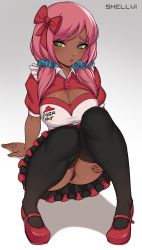 Rule 34 | 1girl, absurdres, artist name, ass, black panties, black thighhighs, blue scrunchie, bow, breasts, cleavage, commentary, copyright request, dark-skinned female, dark skin, dress, freckles, hair ornament, hair scrunchie, highres, large breasts, long hair, nose piercing, nose ring, panties, piercing, pink footwear, pink hair, pizza hut, red bow, red dress, scrunchie, shellvi, shoes, short sleeves, solo, thighhighs, twintails, underwear