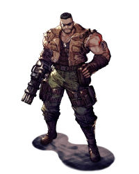 Rule 34 | 1boy, arm cannon, barret wallace, dark-skinned male, dark skin, dog tags, final fantasy, final fantasy brave exvius, final fantasy vii, final fantasy vii remake, fingerless gloves, full body, gloves, hand on own hip, highres, looking at viewer, male focus, official art, pectoral cleavage, pectorals, ryuji ohara, simple background, solo, sunglasses, tattoo, third-party source, vest, war of the visions: final fantasy brave exvius, weapon