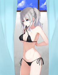 Rule 34 | 1girl, alternate costume, bikini, black bikini, blue eyes, blue sky, breasts, commentary request, curtains, day, dressing, grey hair, hair between eyes, highres, inushi, kantai collection, kashima (kancolle), large breasts, long hair, mouth hold, sidelocks, sky, solo, swimsuit, twintails, window