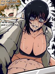 Rule 34 | 1boy, 1girl, artist request, black eyes, black hair, blonde hair, breasts, chainsaw man, cleavage, collarbone, crazy eyes, denji (chainsaw man), english text, girl on top, gluteal fold, groin, hair between eyes, hair ornament, hairclip, higashiyama kobeni, highres, huge breasts, large breasts, looking at viewer, navel, open clothes, open shirt, pov, shirt, smile, source request, stomach, sweat, sweatdrop, nervous sweating, tagme, teeth, white shirt, yandere, yellow eyes