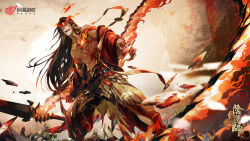 Rule 34 | 1boy, abs, arm tattoo, asura (onmyoji), black hair, black pants, blood, blood from mouth, blood on face, chest tattoo, chinese clothes, chinese text, clothes pull, copyright name, crazy smile, earrings, fangs, fighting stance, fire, floating hair, from below, full body, grin, haban (haban35), highres, jacket, jacket pull, jewelry, long hair, male focus, multicolored hair, o-ring arm strap, onmyoji, open mouth, pants, parted bangs, pectorals, red hair, red jacket, shoulder tattoo, smile, solo, streaked hair, sword, tattoo, teeth, weapon