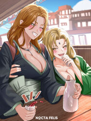 Rule 34 | 2girls, ;), absurdres, arm around back, artist name, black kimono, bleach, blonde hair, blue hair, blurry, blurry background, blush, bottle, breasts, brown eyes, brown hair, cleavage, crossover, cup, drinking, drunk, facial mark, forehead mark, green kimono, grin, highres, holding, holding cup, japanese clothes, jewelry, kimono, large breasts, long hair, looking at another, low-tied long hair, matsumoto rangiku, mature female, multiple girls, naruto, naruto (series), necklace, nocta felis, one eye closed, open mouth, outdoors, pink shawl, sake bottle, sash, shawl, shinigami, smile, tsunade (naruto), white sash