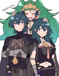 Rule 34 | 1boy, 2girls, armor, black armor, black cape, black gloves, blue hair, blush, byleth (female) (fire emblem), byleth (fire emblem), byleth (male) (fire emblem), cape, closed eyes, closed mouth, commentary request, crossed arms, dagger, do m kaeru, dual persona, fire emblem, fire emblem: three houses, floating, gauntlets, gloves, green hair, hair between eyes, hair ornament, hands on another&#039;s head, knife, long hair, looking at viewer, midriff, multiple girls, navel, nintendo, open mouth, pointy ears, purple eyes, sheath, simple background, smile, sothis (fire emblem), teeth, twintails, twitter username, upper teeth only, very long hair, weapon, white background