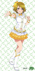 Rule 34 | 10s, 1girl, :d, blush, boots, bow, bowtie, brown hair, circle name, clenched hand, full body, hair ornament, headset, koizumi hanayo, layered skirt, leg lift, looking at viewer, love live!, love live! school idol festival, love live! school idol project, mizuki makoto, navel, open mouth, outstretched hand, purple eyes, short hair, skirt, smile, solo, yellow bow, yellow bowtie, ||/