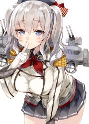 Rule 34 | 10s, 1girl, bad id, bad twitter id, breasts, brown eyes, epaulettes, female focus, finger to mouth, gloves, hat, kantai collection, kashima (kancolle), kou mashiro, large breasts, long hair, military, military uniform, miniskirt, silver hair, skirt, smile, solo, twintails, uniform