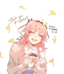 Rule 34 | :d, atelier live, blush, bow, brown jacket, closed eyes, collared shirt, commentary, cup, disposable cup, english commentary, fangs, fingernails, ginkgo leaf, hair bow, head tilt, highres, holding, holding cup, horns, jacket, kuzuryu io, leaf, looking at viewer, milestone celebration, multiple horns, nail polish, off-shoulder jacket, off shoulder, official art, open mouth, pink hair, red nails, second-party source, shirt, skin fangs, smile, solo, thank you, tsu (lovesick1964), virtual youtuber, white bow, white shirt, wing collar