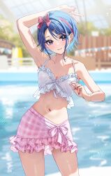 Rule 34 | 1girl, arm up, bare arms, bare shoulders, blue eyes, blue hair, bow, breasts, chigusa minori, cleavage, collarbone, hair ornament, hairclip, highres, jitsu wa imouto deshita., large breasts, looking at viewer, navel, parted lips, pink bow, pink skirt, pool, short hair, skirt, smile, solo, stomach, swimsuit, thighs