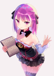 Rule 34 | 1girl, bare shoulders, black dress, black thighhighs, book, breasts, detached collar, dress, fate/grand order, fate (series), helena blavatsky (fate), highres, holding, holding book, long sleeves, looking at viewer, open book, purple eyes, purple hair, short dress, short hair, small breasts, smile, thighhighs, thighs, zenshin