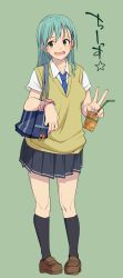 Rule 34 | 10s, 1girl, :d, alternate costume, aqua hair, bag, black socks, blue nails, earrings, green eyes, highres, jewelry, kantai collection, kneehighs, kosuke haruhito, loafers, long hair, looking at viewer, nail polish, necktie, open mouth, school bag, school uniform, shoes, smile, socks, solo, suzuya (kancolle), sweater vest, v