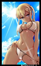 Rule 34 | 10s, 1girl, bad id, bad pixiv id, bikini, bikini pull, black border, blonde hair, border, breasts, cameltoe, closed mouth, clothes pull, cloud, cloudy sky, cowboy shot, crotch seam, day, franz (217franz), gluteal fold, graf zeppelin (kancolle), grey eyes, hair tie, highres, kantai collection, looking at viewer, medium breasts, navel, outdoors, pulling own clothes, self exposure, side-tie bikini bottom, sidelocks, sky, smile, solo, standing, swimsuit, tan, tanline, twintails, twitter username, wet, wet clothes, wet hair, wet swimsuit, white bikini