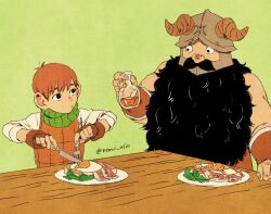 Rule 34 | 2boys, arm guards, armor, bacon, bare shoulders, beard, black hair, bottle, brown gloves, chilchuck tims, closed mouth, covered mouth, dungeon meshi, dwarf, eating, eye contact, facial hair, fake horns, fingerless gloves, food, fork, fried egg, gloves, green background, green scarf, halfling, hand up, hands up, helmet, highres, holding, holding bottle, holding fork, holding knife, horned helmet, horns, knife, leather armor, long beard, looking at another, male focus, meat, multiple boys, mustache, nemui usio, orange hair, plate, scarf, senshi (dungeon meshi), shirt, short hair, sideways glance, simple background, syrup, table, twitter username, upper body, vegetable, white shirt