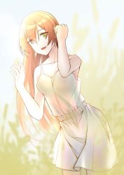 Rule 34 | 1girl, absurdres, breasts, collarbone, dress, girls&#039; frontline, green eyes, hand in own hair, hand up, highres, long hair, looking at viewer, macayase, open mouth, orange hair, simple background, smile, solo, springfield (girls&#039; frontline), standing, white dress