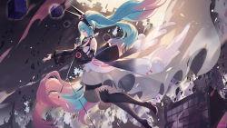Rule 34 | 1girl, absurdly long hair, aqua hair, atdan, black thighhighs, boots, building, closed eyes, cube, detached sleeves, dress, forever 7th capital, from side, hatsune miku, headphones, high heel boots, high heels, long hair, microphone, microphone stand, multicolored hair, music, open mouth, outdoors, pink hair, shards, singing, smile, solo, thigh boots, thighhighs, twintails, two-tone hair, very long hair, vocaloid, white dress, white footwear, wings