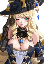 Rule 34 | 1girl, absurdres, bare shoulders, black dress, black gloves, black hat, blonde hair, blue eyes, blush, breasts, cleavage, commentary, detached collar, detached sleeves, dress, drill hair, drill sidelocks, elbow gloves, genshin impact, gloves, hat, highres, jewelry, large breasts, long hair, looking at viewer, navia (genshin impact), necklace, one eye closed, s redbutterfly, sidelocks, simple background, solo, strapless, strapless dress, swept bangs, tongue, tongue out, white background