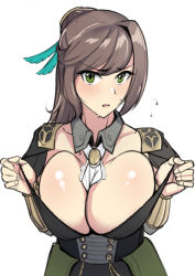 Rule 34 | 1girl, black bra, blush, bra, bra pull, breasts, brown hair, carla pendleton, cleavage, clothes pull, detached collar, falcom, green eyes, large breasts, large pasta, looking at viewer, neckerchief, open clothes, open mouth, simple background, sketch, solo, sweat, teasing, underwear, white neckerchief, ys, ys ix monstrum nox