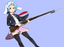 Rule 34 | &gt;:o, 1girl, :o, animal ears, aqua hair, artist request, bayonet, black jacket, black thighhighs, blazer, blue background, bolt action, buttons, carcano, collared shirt, commentary request, crescent, crescent pin, ears through headwear, eyebrows, feet out of frame, finger on trigger, flat chest, gradient eyes, gun, highres, holding, holding gun, holding weapon, jacket, leaning back, looking at viewer, multicolored eyes, necktie, pink skirt, pleated skirt, pocket, rabbit ears, red eyes, red necktie, reisen, rifle, shirt, short hair, simple background, skirt, solo, thighhighs, touhou, v-shaped eyebrows, weapon, white shirt, wing collar, yellow eyes, zettai ryouiki