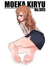 Rule 34 | 1girl, absurdres, ass, bare legs, barefoot, beige shirt, blue skirt, blush, brown eyes, brown hair, character name, commentary request, feet, foot focus, glasses, greek toe, highres, kahlua (artist), kiryuu moeka, long hair, looking at viewer, parted lips, pencil skirt, simple background, skirt, soles, solo, steins;gate, sweatdrop, toes, white background