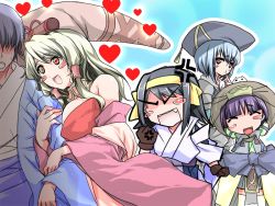 Rule 34 | 1boy, 4girls, ^ ^, angry, arm hug, between breasts, blonde hair, blue hair, blush stickers, breasts, chibi, clenched hand, closed eyes, faceless, faceless male, gloves, grey hair, hairband, happy, hat, heart, japanese clothes, kashi, large breasts, long hair, multiple girls, off shoulder, pointing, purple hair, sengoku hime, shimazu iehisa, shimazu iehisa (sengoku hime), shimazu toshihisa, shimazu toshihisa (sengoku hime), shimazu yoshihiro (sengoku hime), shimazu yoshihisa, shimazu yoshihisa (sengoku hime), short hair, thighhighs, zettai ryouiki