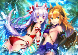 Rule 34 | 2girls, :d, animal ears, ass, bad id, bad pixiv id, bikini, bikini top only, black gloves, black legwear, blonde hair, blue bow, blue skirt, blue sky, bow, brown feathers, brown wings, butt crack, choker, day, elbow gloves, feather hair ornament, feathered wings, feathers, fingerless gloves, floating hair, fox ears, fox tail, gloves, hair ornament, hair ribbon, kamuinii, lens flare, long hair, looking at viewer, looking back, multiple girls, neck ribbon, open mouth, original, outdoors, palm tree, purple bikini, purple eyes, red bikini, red ribbon, ribbon, skirt, sky, smile, sparkle, striped clothes, striped gloves, striped legwear, striped thighhighs, swimsuit, tail, thighhighs, tree, vertical-striped clothes, vertical-striped legwear, vertical-striped thighhighs, very long hair, white bow, wings