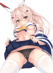 Rule 34 | 1girl, absurdres, ayanami (azur lane), azur lane, bandaid, bandaid on arm, bare shoulders, belly, black panties, blue skirt, blush, breasts, cameltoe, clothes lift, commentary request, covered erect nipples, cowboy shot, detached sleeves, embarrassed, hair between eyes, hair ornament, hairpin, headgear, highres, legs apart, lifting own clothes, long hair, looking at viewer, medium breasts, navel, necktie, orange eyes, orange necktie, panties, ponytail, red eyes, school uniform, serafuku, shirt, simple background, skirt, skirt lift, solo, spread legs, stomach, sutetete, thighhighs, underboob, underwear, white background, white hair, white shirt, white thighhighs