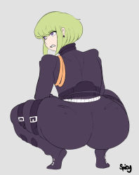Rule 34 | 1boy, ass, black leggings, boots, earrings, from behind, green hair, grey background, highres, huge ass, jewelry, leather, leggings, lio fotia, long sleeves, pants, promare, purple eyes, sausagesspicy, short hair, sidelocks, solo, squatting, thick thighs, thigh strap, thighs, tight clothes, tight pants, trap