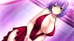Rule 34 | 1girl, amakura, blush, breasts, center opening, cleavage, curtains, dress, dutch angle, game cg, hair ornament, highres, huge breasts, jewelry, necklace, nishinomiya yuuri, purple hair, red dress, short hair, solo, umisora no fragments, yellow eyes