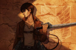 1boy brown_hair closed_mouth commentary english_commentary eren_yeager green_eyes holding holding_weapon jacket long_sleeves male_focus military_uniform open_clothes open_jacket paradis_military_uniform shingeki_no_kyojin short_hair solo survey_corps_(emblem) thewordlesssignature weapon