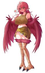 Rule 34 | 1girl, absurdres, ahoge, animal ear fluff, animal ears, averting eyes, bare shoulders, bird legs, blush, bow, bow panties, breasts, cameltoe, character request, cleft of venus, closed mouth, collarbone, commentary request, copyright request, dot nose, feather trim, feathered wings, feathers, full body, hair between eyes, harpy, highres, jpeg artifacts, knees together feet apart, large breasts, long hair, long neck, midriff, monster girl, nangmanheeyou, navel, open hands, panties, red bow, red feathers, red hair, sidelighting, simple background, sleeveless, solo, speech bubble, split mouth, talons, underwear, white background, white panties, winged arms, wings, yellow eyes
