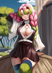 Rule 34 | 1girl, arm behind head, asymmetrical bangs, belt, black jacket, black skirt, blue sky, breasts, cloud, commentary, demon slayer uniform, gradient hair, green eyes, green hair, hair lift, haori, highres, jacket, japanese clothes, kanroji mitsuri, kimetsu no yaiba, large breasts, lifted by self, long hair, looking at viewer, mole under each eye, mole under eye, multicolored hair, multiple moles, nicomamu, outdoors, parted lips, partially unbuttoned, pink hair, skirt, sky, smile, solo, spanish commentary, tree, tri braids, white belt, wide sleeves