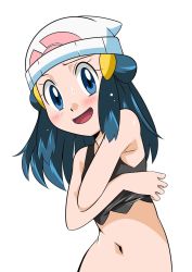 Rule 34 | 1girl, hairclip, beanie, blue eyes, blue hair, creatures (company), dawn (pokemon), game freak, hainchu, hair ornament, hat, highres, long hair, looking at viewer, navel, nintendo, open mouth, pokemon, pokemon (anime), pokemon dppt (anime), simple background, solo, white background