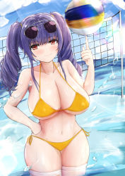 Rule 34 | 1girl, absurdres, aviator sunglasses, azur lane, ball, bare shoulders, beach volleyball, bikini, breasts, cleavage, covered erect nipples, eyewear on head, highres, huge breasts, long hair, looking at viewer, official alternate costume, pola (azur lane), pola (seaside coincidence) (azur lane), purple hair, red eyes, solo, sunglasses, swimsuit, takahasho, thighhighs, twintails, volleyball net, wet legwear, white thighhighs, yellow bikini