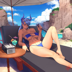 Rule 34 | 1girl, abs, absurdres, alcohol, barefoot, beach, beach umbrella, bikini, black sclera, blue bikini, blue hair, blue lips, blue sky, breasts, chair, cleavage, cliff, cocktail, cocktail glass, colored sclera, colored skin, commentary request, cup, day, demon girl, demon tail, drinking glass, eyepatch, eyepatch bikini, highres, holding tail, large breasts, licking lips, lipstick, long hair, lounge chair, makeup, muscular, muscular female, ocean, ogami, original, pink skin, pointy ears, radio, reclining, revision, shade, shaded face, signature, sky, solo, strapless, strapless bikini, swimsuit, tail, thick thighs, thighs, toes, tongue, tongue out, umbrella, underboob