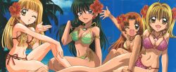 Rule 34 | 4girls, arm support, bikini, blonde hair, blowing kiss, breasts, brown hair, cleavage, green hair, highres, large breasts, legs, long hair, looking at viewer, mermaid melody pichi pichi pitch, multiple girls, navel, official art, one eye closed, orange hair, sitting, smile, stitched, swimsuit, thighs, third-party edit, wink