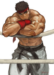 Rule 34 | 1boy, abs, artist name, bad id, bad twitter id, bara, belt, black belt, black hair, brown eyes, closed mouth, dougi, gloves, highres, male focus, morry, muscular, muscular male, navel, pants, red gloves, ryu (street fighter), short hair, solo, street fighter, white pants