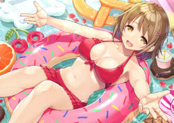 Rule 34 | 1girl, :d, bare arms, bare legs, bikini, bikini skirt, breasts, breasts apart, brown hair, cherry, cleavage, collarbone, cup, disposable cup, flower, food, frilled bikini, frills, front-tie bikini top, front-tie top, fruit, hair flower, hair ornament, idolmaster, idolmaster cinderella girls, inflatable raft, inflatable toy, innertube, large breasts, lying, migimaki (migi mawashi), mimura kanako, navel, on back, open mouth, outstretched arms, partially submerged, petals, petals on liquid, pink flower, pool, red bikini, short hair, sidelocks, smile, soda, solo, swept bangs, swim ring, swimsuit, tareme, teeth, yellow eyes