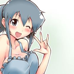 Rule 34 | 1girl, ;d, apron, blue eyes, blue hair, blush, breasts, cleavage, gradient background, hidamari sketch, kagami uekusa, large breasts, matching hair/eyes, naked apron, nori (hidamari sketch), one eye closed, open mouth, school uniform, short hair, simple background, smile, solo, wink