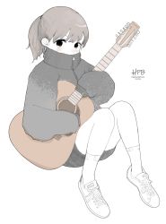 Rule 34 | 1girl, acoustic guitar, coat, covered mouth, dated, female focus, grey hair, guitar, high collar, highres, holding, holding instrument, instrument, lnly mouse, looking at viewer, pale color, ponytail, real life, shoes, sleeves past wrists, socks, solo