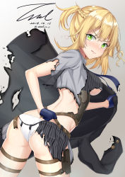 Rule 34 | 1girl, artist name, ass, blonde hair, blue gloves, blush, braid, breasts, closed mouth, dated, fingerless gloves, girls&#039; frontline, gloves, green eyes, grey shirt, half gloves, half updo, holding, holding clothes, holding jacket, holster, jacket, looking at viewer, medium breasts, panties, pinstripe pattern, pinstripe vest, shirt, short sleeves, sidelocks, signature, solo, striped, thigh holster, thighs, torn clothes, torn shirt, twintails, twisted torso, twitter username, underboob, underwear, unel1211, vest, welrod mkii (girls&#039; frontline), white panties