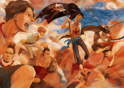 Rule 34 | androgynous, black hair, blonde hair, blue fire, brown hair, facial hair, fiery wings, fire, flag, flower sword vista, haruta (one piece), holding, holding flag, izou (one piece), jewelry, jolly roger, jozu, marco (one piece), multiple boys, mustache, necklace, one piece, open mouth, pirate, portgas d. ace, thatch, wings