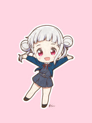 Rule 34 | 1girl, arashi chisato, artist name, artist request, bare legs, belt, black socks, blue cardigan, blue jacket, blush, bow, bowtie, breasts, brown footwear, buttons, cardigan, chibi, collared shirt, cropped jacket, double bun, dress, dress shirt, female focus, floating hair, full body, grey belt, grey shirt, grey skirt, hair bun, hair tie, highres, jacket, long hair, long sleeves, looking at viewer, love live!, love live! superstar!!, miniskirt, neck ribbon, o-ring, o-ring belt, outstretched arms, parted lips, pink background, plaid, plaid skirt, pleated, pleated skirt, red bow, red eyes, red ribbon, ribbon, school uniform, shirt, shoes, skirt, small breasts, smile, socks, solo, spread arms, twintails, white hair, white shirt, wing collar, yuigaoka school uniform