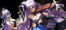 Rule 34 | 2girls, absurdres, ahoge, bare shoulders, black dress, blue hair, breasts, cleavage, closed eyes, cone hair bun, curled horns, detached collar, double bun, dress, ganyu (genshin impact), genshin impact, goat horns, grand piano, hair bun, hair ears, highres, horns, instrument, keqing (genshin impact), keqing (opulent splendor) (genshin impact), large breasts, long hair, multicolored clothes, multicolored dress, multiple girls, music, nail polish, official alternate costume, official alternate hairstyle, piano, piukute062, playing instrument, purple eyes, purple hair, purple nails, sideboob, sidelocks, sitting, strapless, strapless dress, two-tone dress, violin