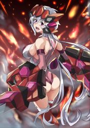 Rule 34 | 1girl, ahoge, ass, breasts, dual wielding, elbow gloves, fire, from behind, gatling gun, gloves, headgear, holding, large breasts, legs together, leotard, long hair, looking at viewer, looking back, low twintails, lyrical denko, open mouth, purple eyes, red thighhighs, senki zesshou symphogear, silver hair, solo, standing, teeth, thighhighs, twintails, very long hair, yukine chris