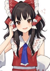 Rule 34 | 1girl, bare shoulders, blue necktie, blush, bow, brown eyes, brown hair, collared shirt, detached sleeves, floral print, flower, frills, grey shirt, hair ornament, hair tubes, hakurei reimu, hand up, highres, kozomezuki, long sleeves, looking at viewer, necktie, open mouth, pink flower, red bow, red skirt, red vest, shirt, simple background, skirt, smile, solo, touhou, upper body, vest, white background, wide sleeves