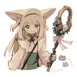 Rule 34 | 1girl, animal ears, arknights, black cat, blonde hair, blush, cardigan, cat, closed mouth, commentary, cropped torso, crossover, fox ears, fox girl, fox tail, frilled hairband, frills, green eyes, green hairband, green skirt, hairband, heixiu, high-waist skirt, highres, holding, holding staff, long hair, long sleeves, looking at viewer, luo xiaohei, luo xiaohei zhanji, neck ribbon, official alternate costume, one-hour drawing challenge, open cardigan, open clothes, puffy long sleeves, puffy sleeves, red ribbon, ribbon, shirt, skirt, smile, solo, staff, sutoa, suzuran (arknights), suzuran (spring praise) (arknights), tail, yellow cardigan, yellow shirt