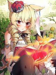 Rule 34 | 1girl, absurdres, ama rei, animal ear fluff, animal ears, armlet, bare shoulders, black gloves, black skirt, black thighhighs, blonde hair, blush, book, crown, drill hair, earrings, facial mark, flower, frilled skirt, frills, gloves, highres, holding, holding book, holding quill, jewelry, long hair, looking at viewer, open book, original, outdoors, quill, red eyes, shirt, sitting, skirt, sleeveless, sleeveless shirt, solo, thighhighs