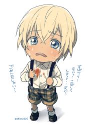 Rule 34 | 1boy, aged down, amuro tooru, black footwear, blonde hair, blue eyes, blush, buttons, child, collared shirt, commentary request, crying, crying with eyes open, dirty, dirty clothes, dress shirt, full body, hair between eyes, long sleeves, looking at viewer, male focus, mashima shima, meitantei conan, open mouth, plaid, plaid shorts, shadow, shirt, shirt tucked in, shoes, short hair, shorts, simple background, socks, solo, standing, suspenders, tears, teeth, translation request, twitter username, upper teeth only, white background, white shirt, white socks