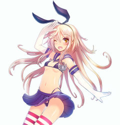Rule 34 | 10s, 1girl, :d, anchor, anchor hair ornament, bad id, bad pixiv id, bikini, blonde hair, elbow gloves, gloves, hair ornament, hairband, highleg, highleg bikini, highleg swimsuit, kantai collection, long hair, looking at viewer, microskirt, navel, one eye closed, open mouth, sailor collar, salute, shimakaze (kancolle), skirt, smile, solo, striped clothes, striped thighhighs, swimsuit, tanaka ken&#039;ichi, thighhighs, uniform, white gloves, yellow eyes