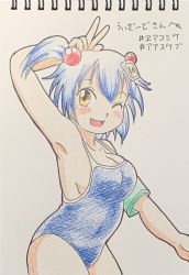 Rule 34 | 1girl, arm up, armband, blue hair, blue one-piece swimsuit, blush, bomberman, breasts, brown eyes, character hair ornament, cleavage, collarbone, hair bobbles, hair ornament, highres, hudson soft, large breasts, long hair, looking at viewer, marup, one-piece swimsuit, one eye closed, open mouth, school swimsuit, smile, standing, swimsuit, twintails, w, white bomberman, wink